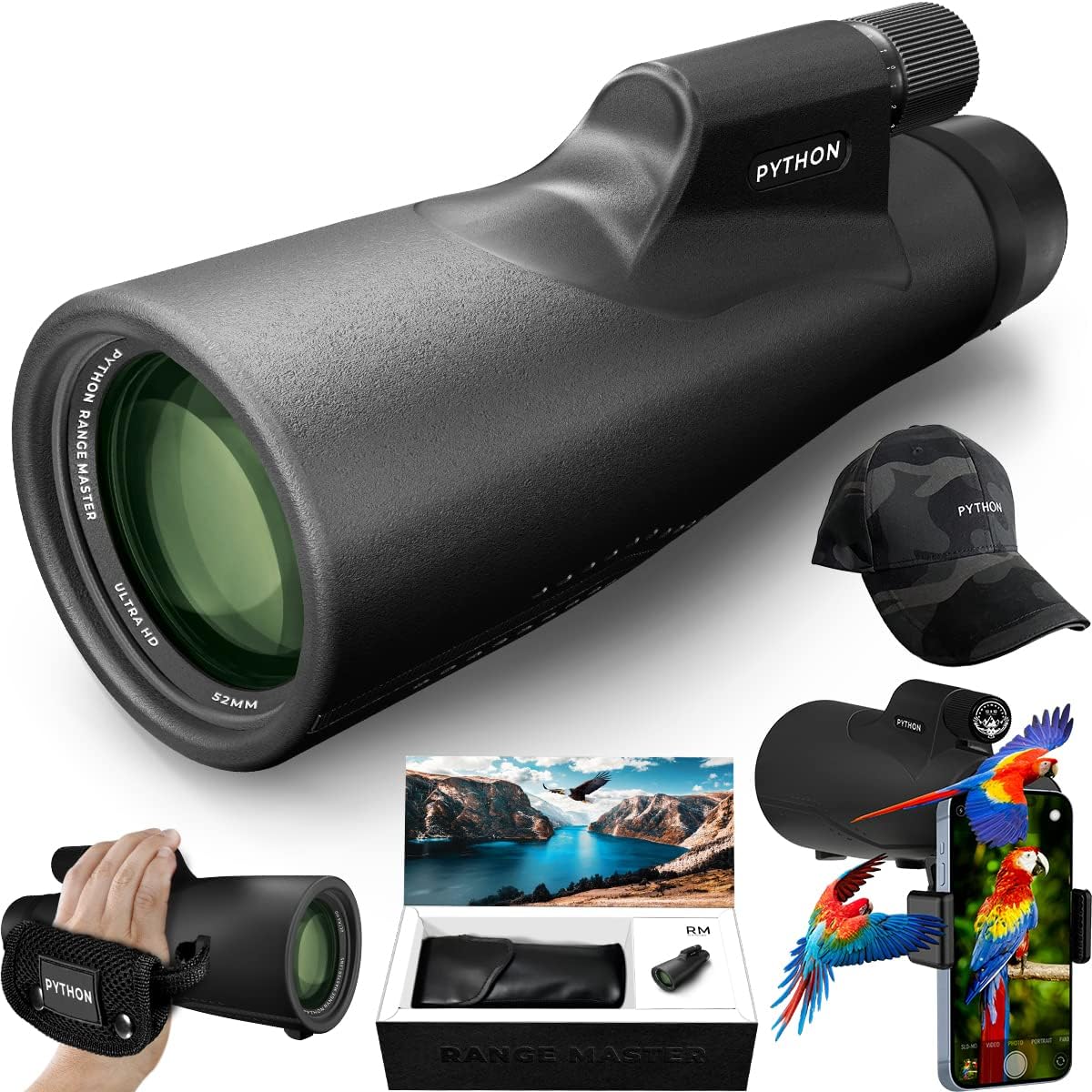 Python 12x52 Range Master UHD Monocular Telescope High Powered for Adults with Smartphone Adapter, CAP, Leather Bag, Hand Strap - Night Vision Monocle for Star Gazing, Bird Watching Wildlife  Hunting