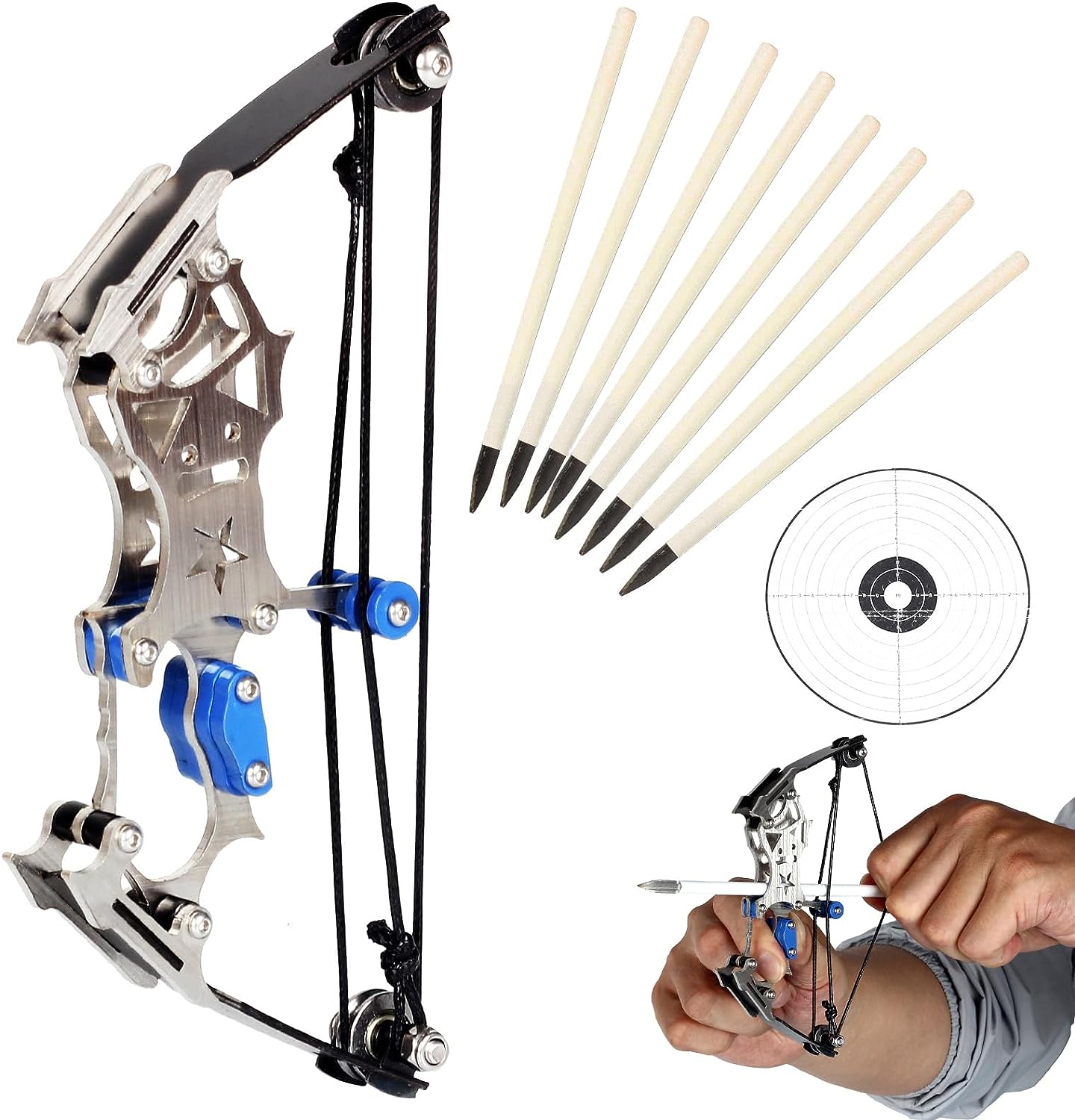 FENJANER Archery Mini Compound Bow and Arrow Set -Stainless Steel Mini Pocket Survival Hunting Bow Right/Left Hand for Target Shooting Practice Archery Entertainment Fun Gift