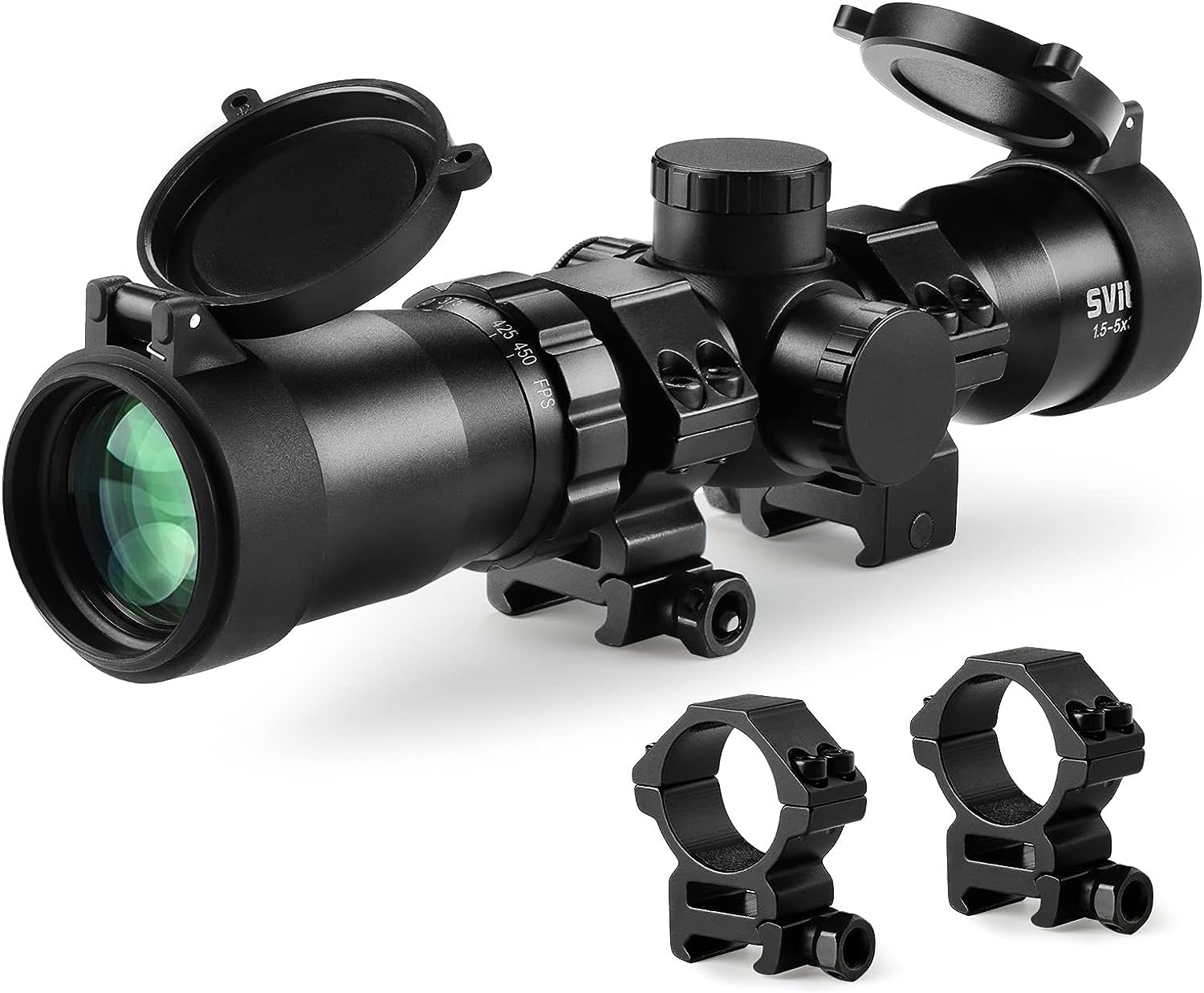 Professional Crossbow Scope, 300-450FPS(1.5-5x32), 20-100 Yards High Brightness and high Definition Red and Green Etched Glass Reticle, Free 20mm mounts